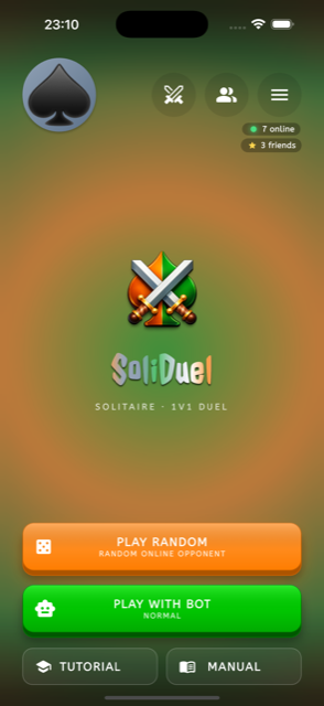 SoliDuel home screen — Play Random, Play with Bot, Tutorial