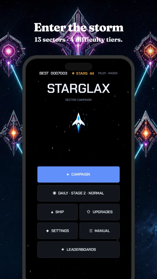 The Starglax main menu with the sector campaign, daily run and ship options
