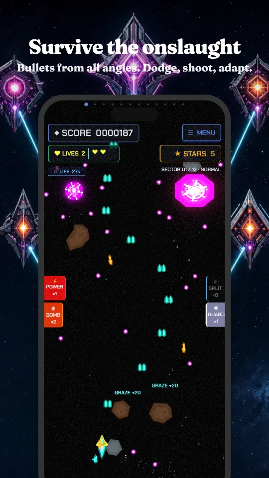 Starglax gameplay with the player ship weaving through dense neon enemy bullets and a boss