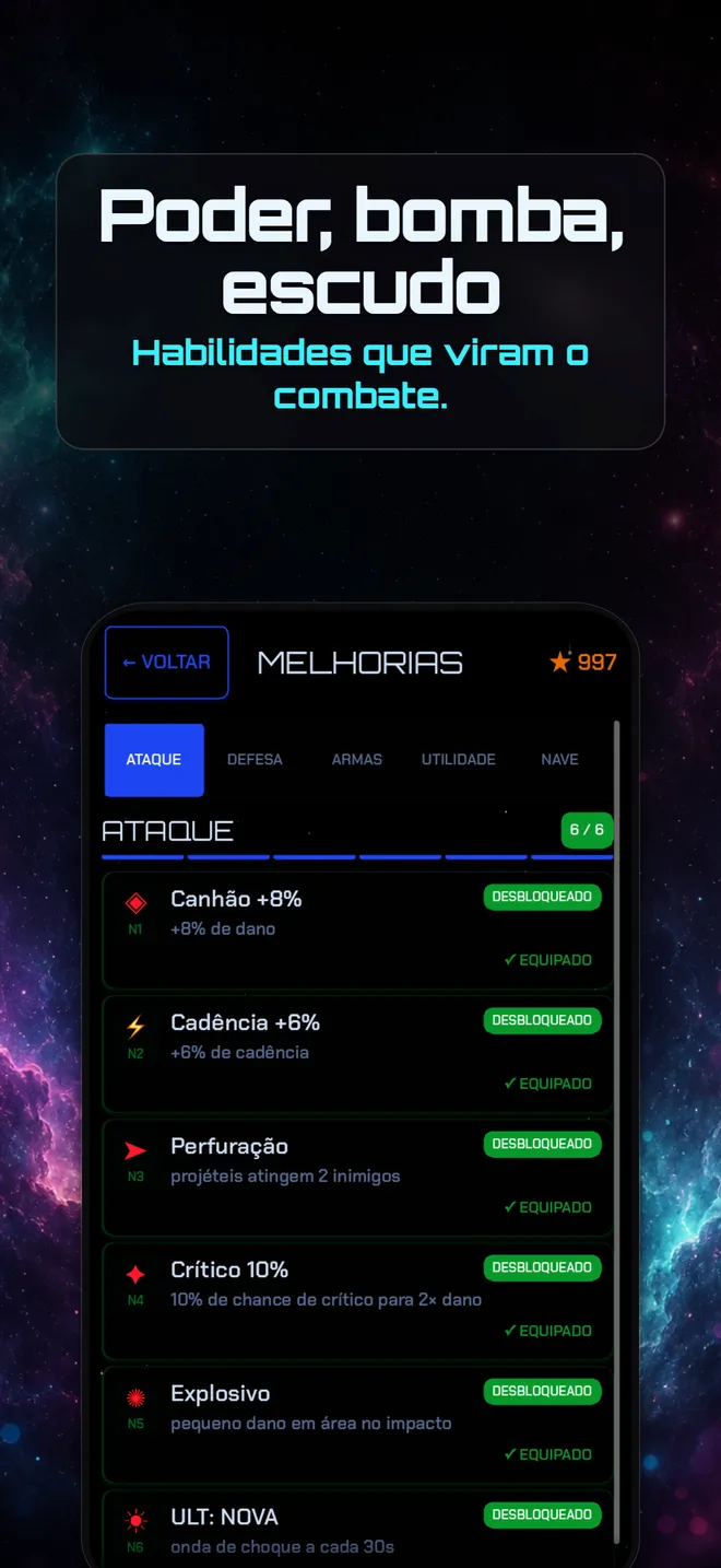 A árvore de habilidades do Starglax, onde as estrelas compram melhorias permanentes de poder, bomba e guarda