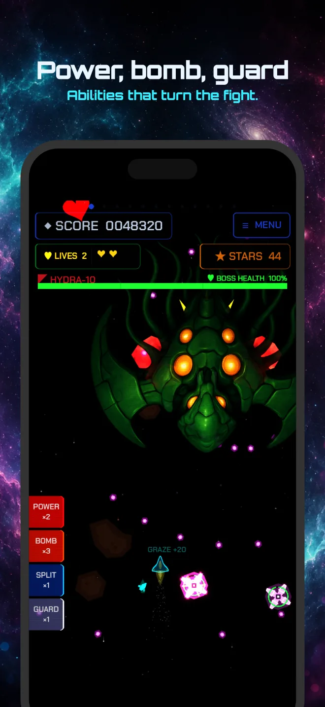Starglax power, bomb, split and guard abilities lit during a boss fight