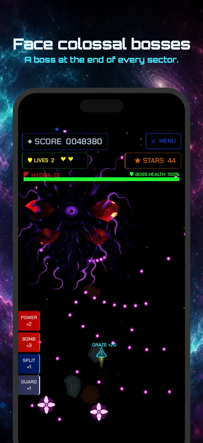 A Starglax boss fight against a giant Hydra, with the boss health bar and ability buttons