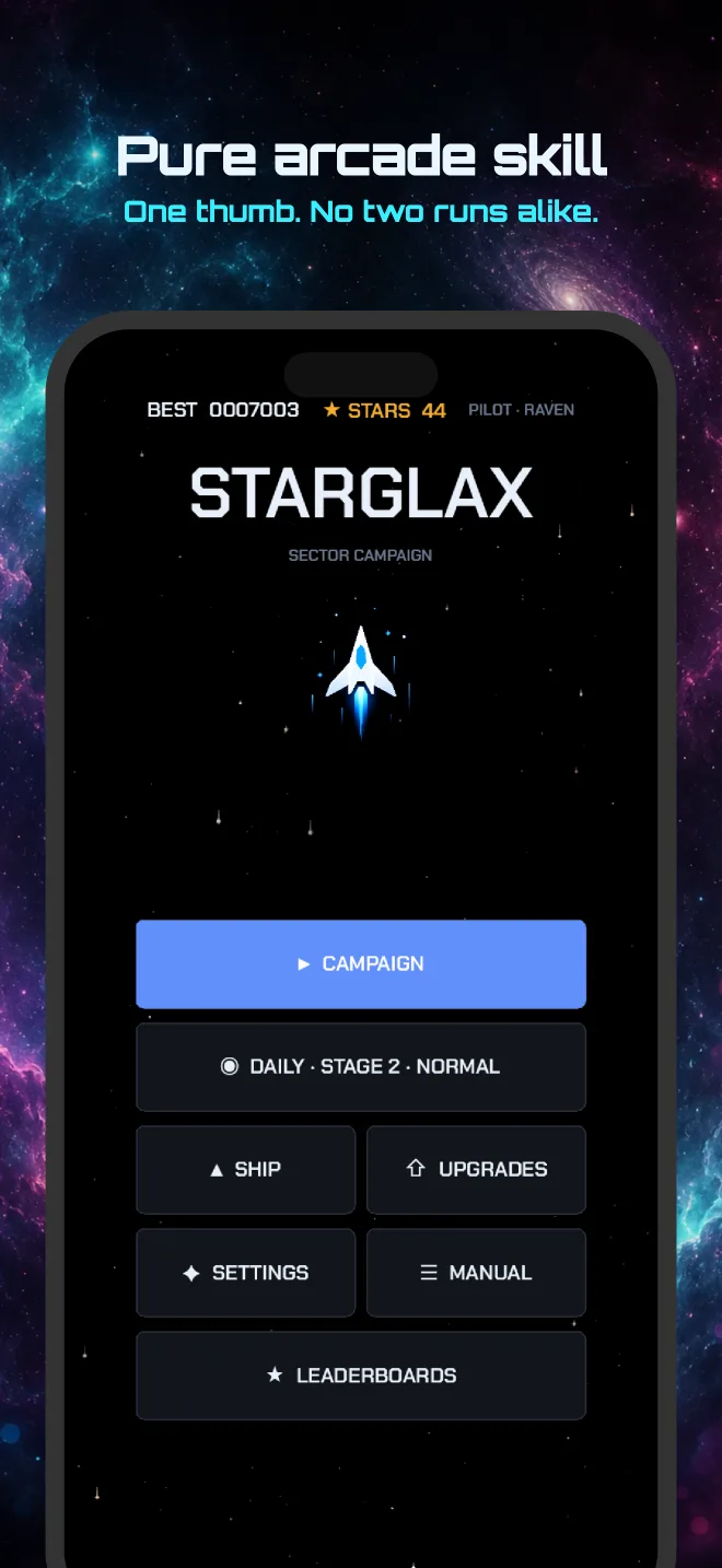 The Starglax main menu with the sector campaign, daily run, ship and upgrade options