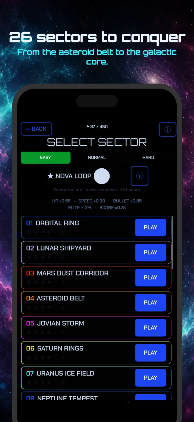 The Starglax sector select screen listing the 26 deep-space sectors across three difficulties