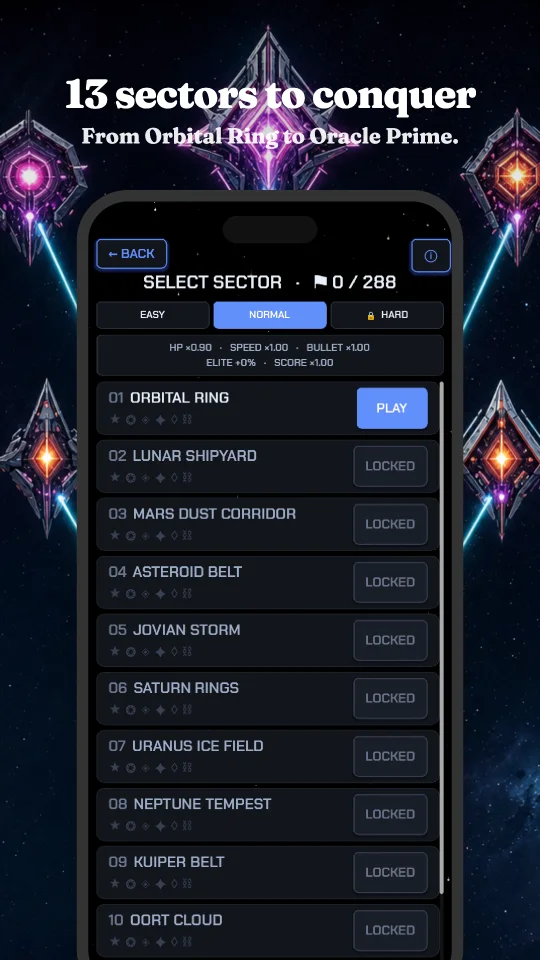 The Starglax sector select screen listing thirteen deep-space sectors