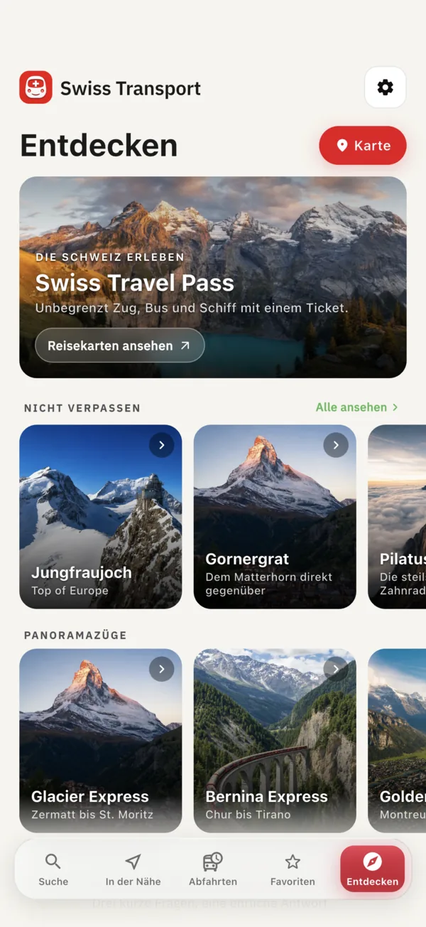 Der Entdecken-Tab von Swiss Transport mit Travel Pass, Sehenswürdigkeiten und Panoramazügen