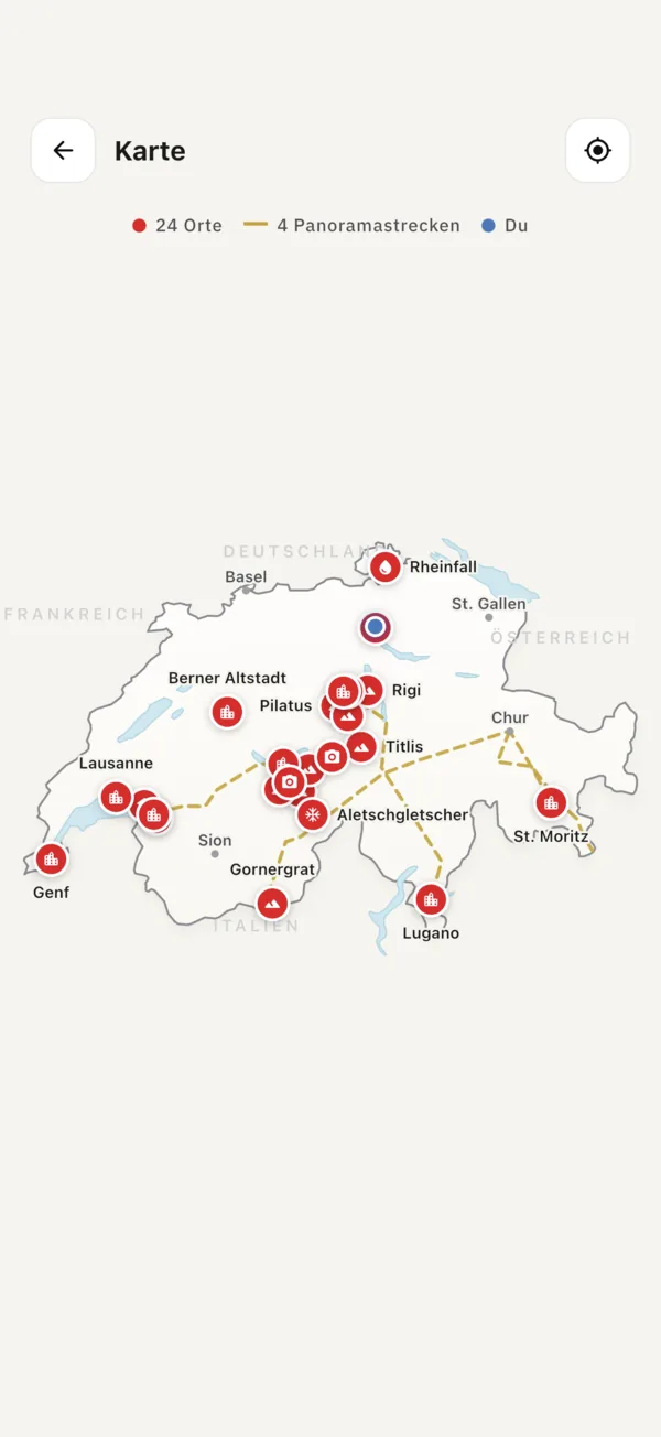 Karte der Schweiz mit 24 Sehenswürdigkeiten und vier Panoramastrecken, auch ohne Empfang nutzbar