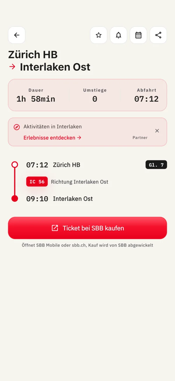 Reisedetail mit jedem Halt, dem Gleis und der Zugnummer