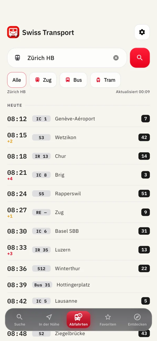 Abfahrtstafel einer Haltestelle, gefiltert nach Zug, Bus und Tram