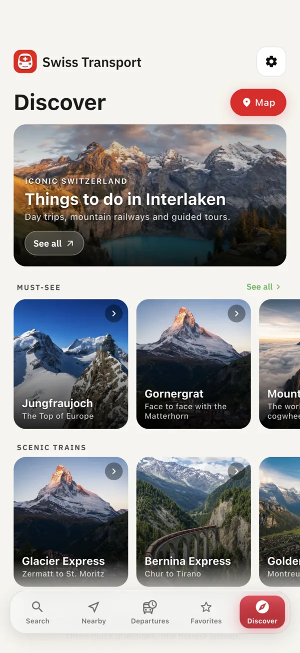 The Explore tab of Swiss Transport with the travel pass, must-see sights and scenic trains