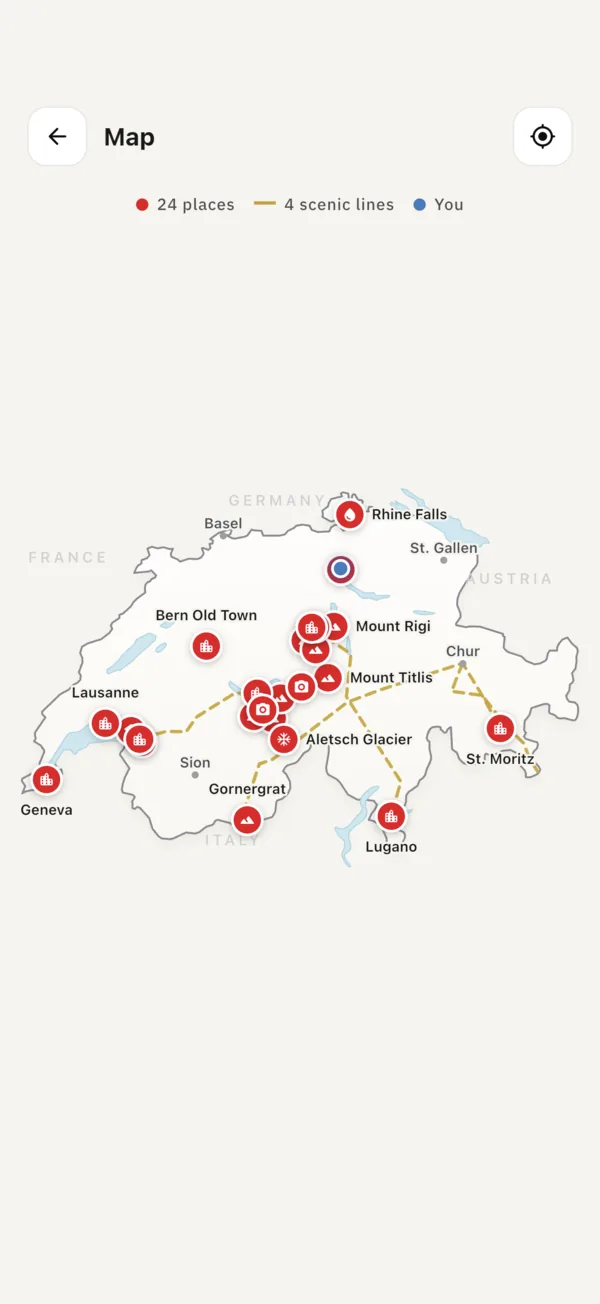 Offline map of Switzerland showing 24 sights and four panoramic railway lines