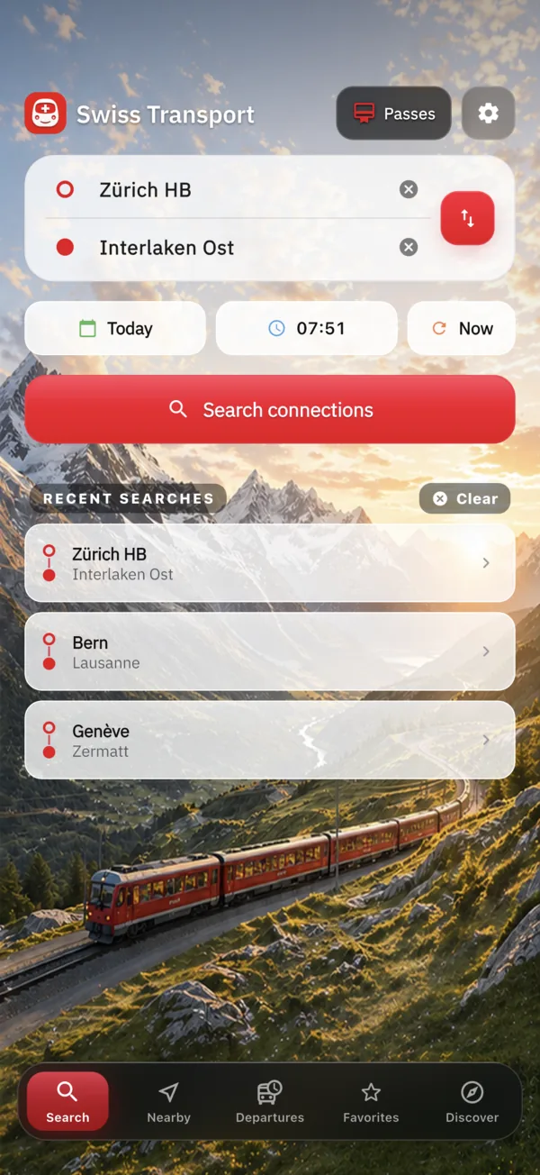 Swiss Transport search screen with origin, destination and recent searches