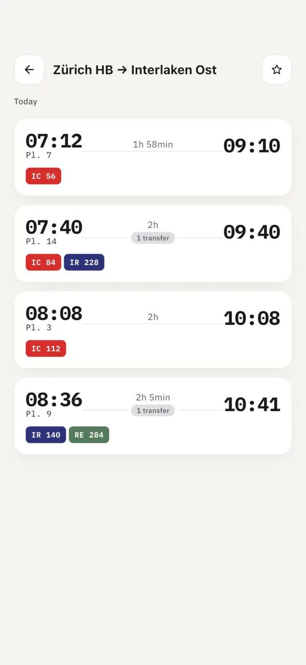 Connection results between Zürich HB and Interlaken Ost with times and platforms