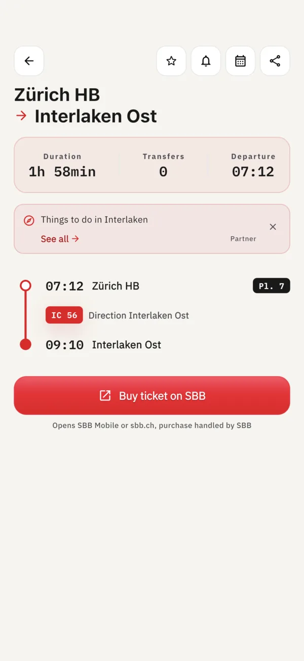 Journey detail showing each stop, the platform and the train number
