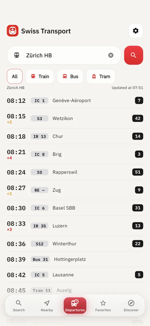 Live departure board for a station, filtered by train, bus and tram