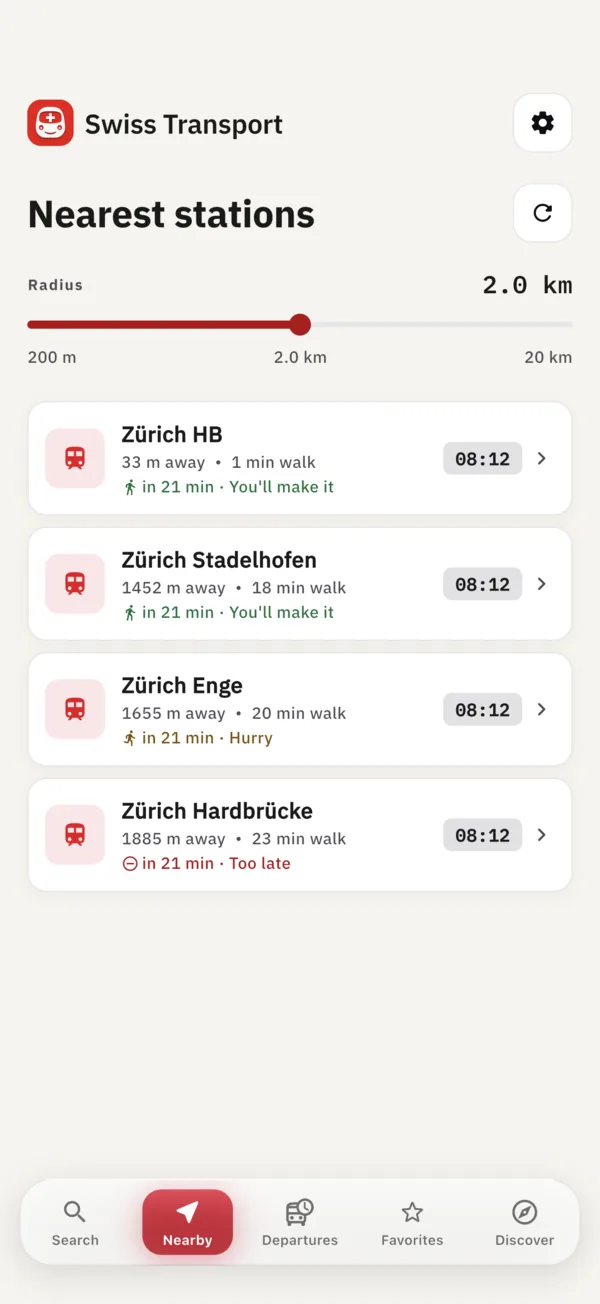 Nearest stations with walking distance and the next departure