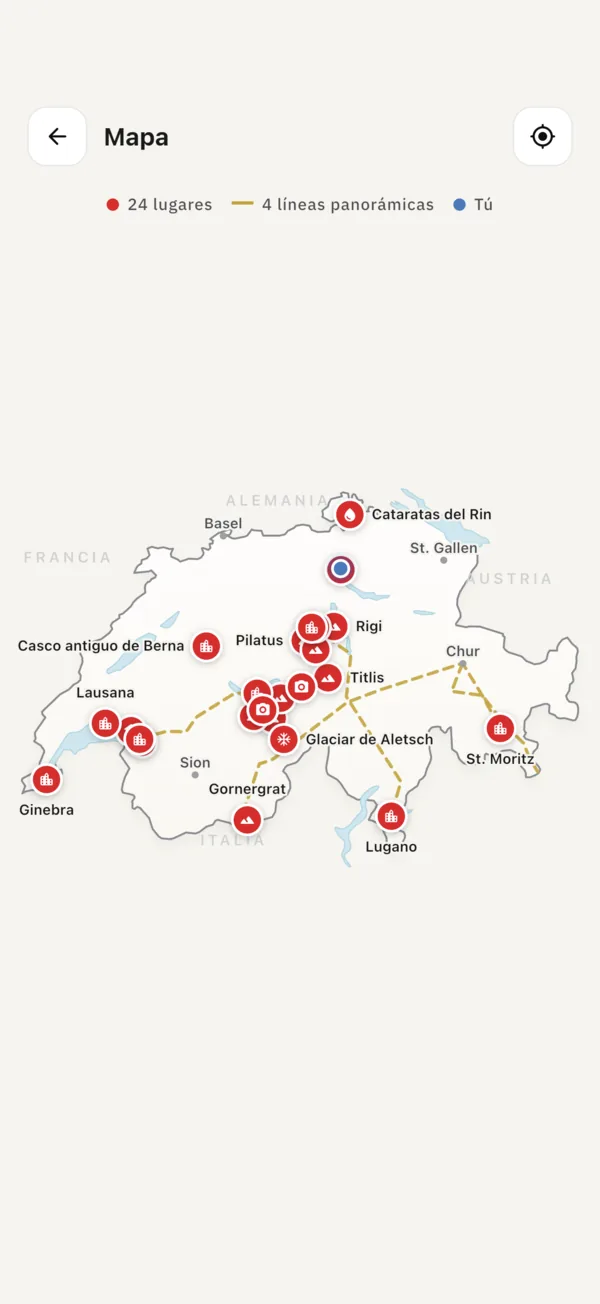 Mapa sin conexión de Suiza con 24 lugares y cuatro líneas ferroviarias panorámicas
