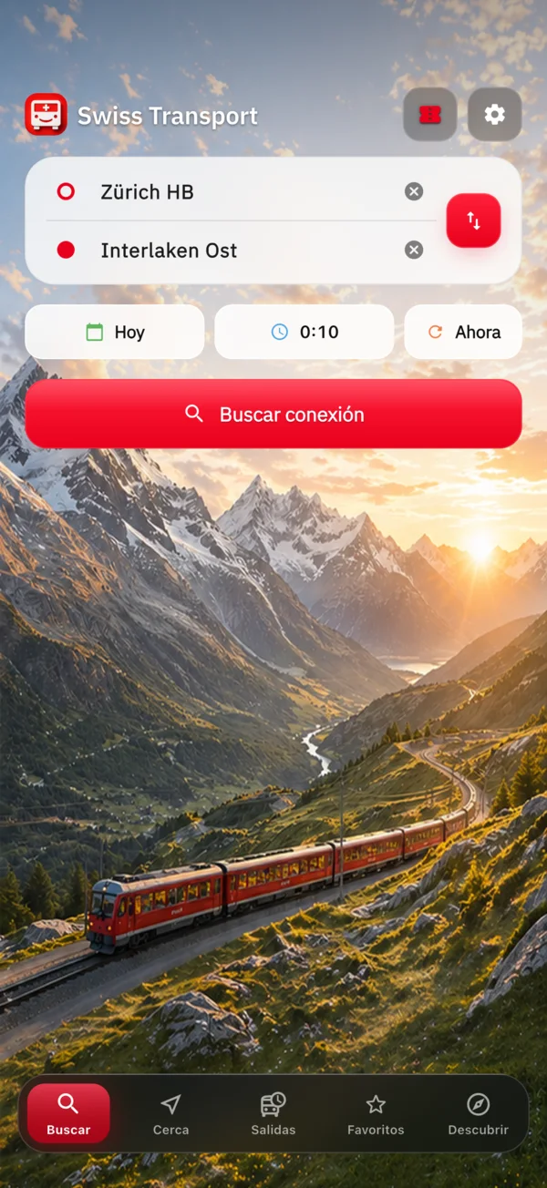 Pantalla de búsqueda de Swiss Transport con origen, destino y búsquedas recientes