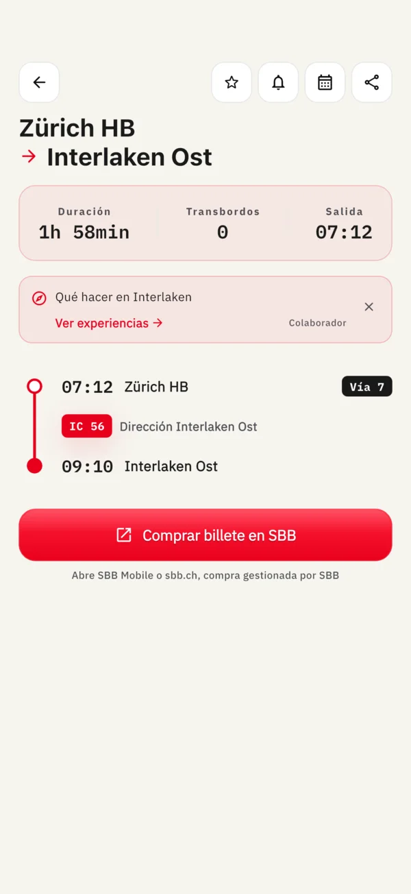 Detalle del viaje con cada parada, el andén y el número de tren