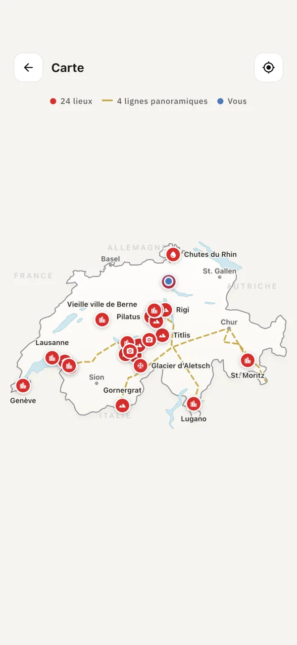 Carte hors ligne de la Suisse avec 24 sites et quatre lignes ferroviaires panoramiques