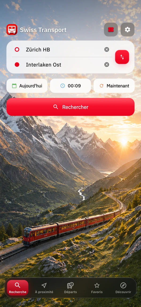 Écran de recherche de Swiss Transport avec départ, arrivée et recherches récentes