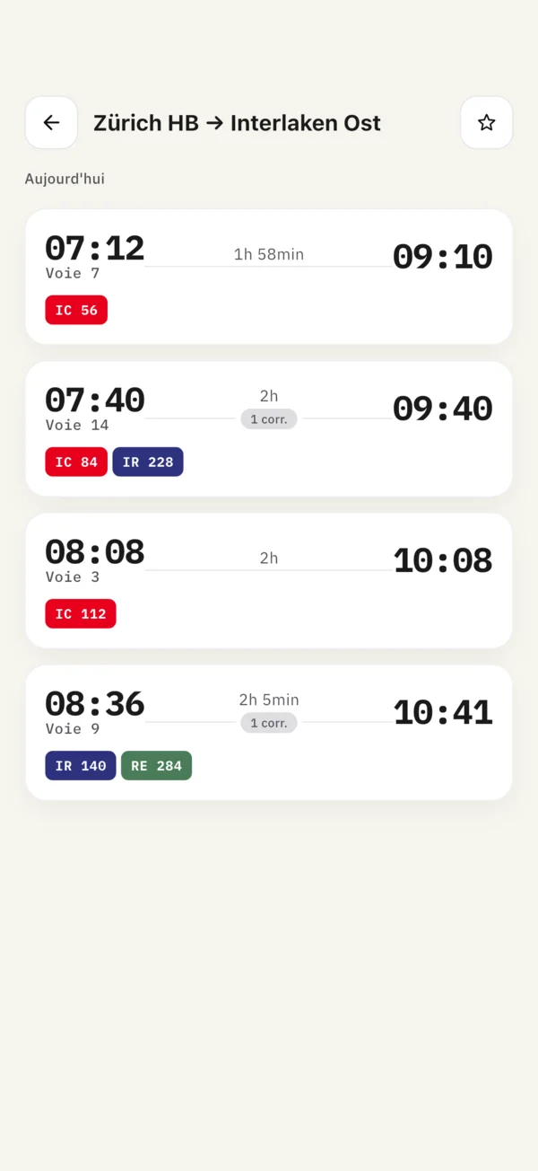 Correspondances entre Zürich HB et Interlaken Ost avec horaires et voies