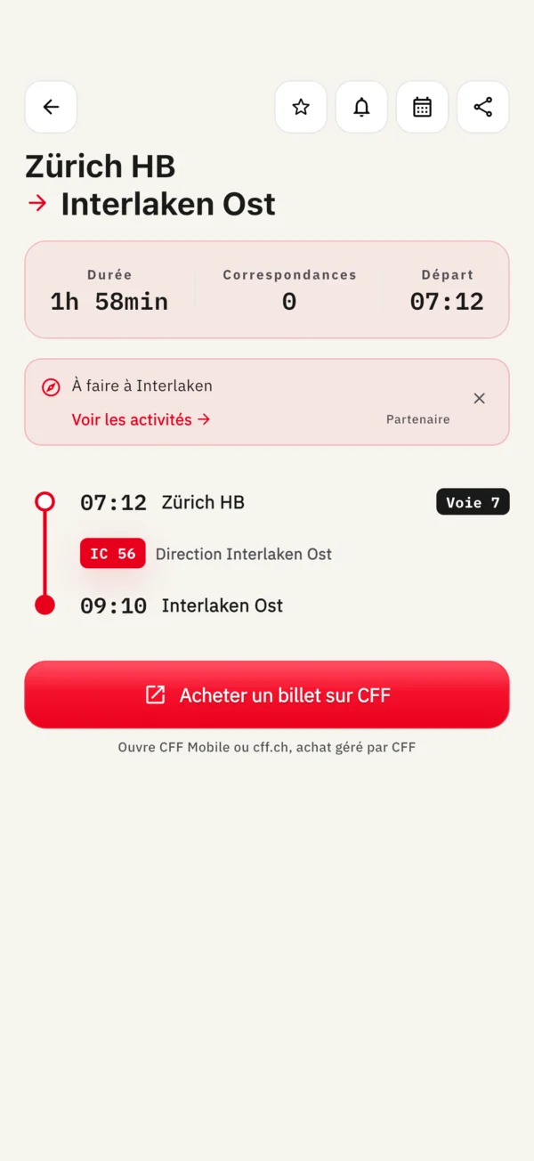 Détail du trajet montrant chaque arrêt, la voie et le numéro du train
