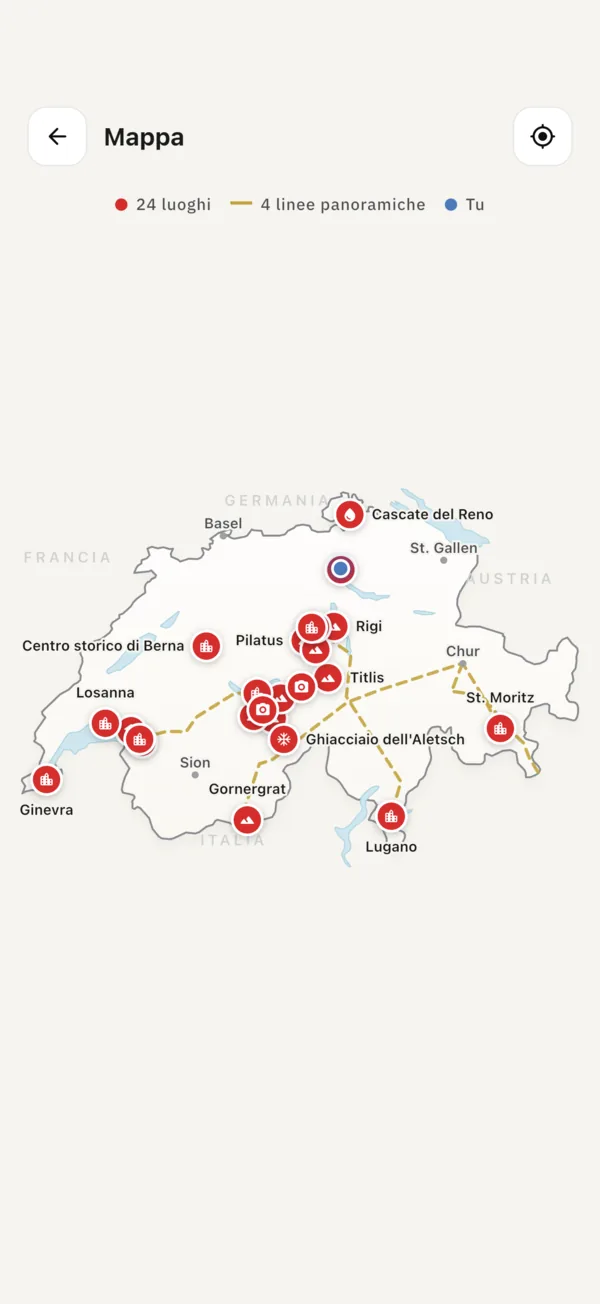 Mappa offline della Svizzera con 24 luoghi e quattro linee ferroviarie panoramiche