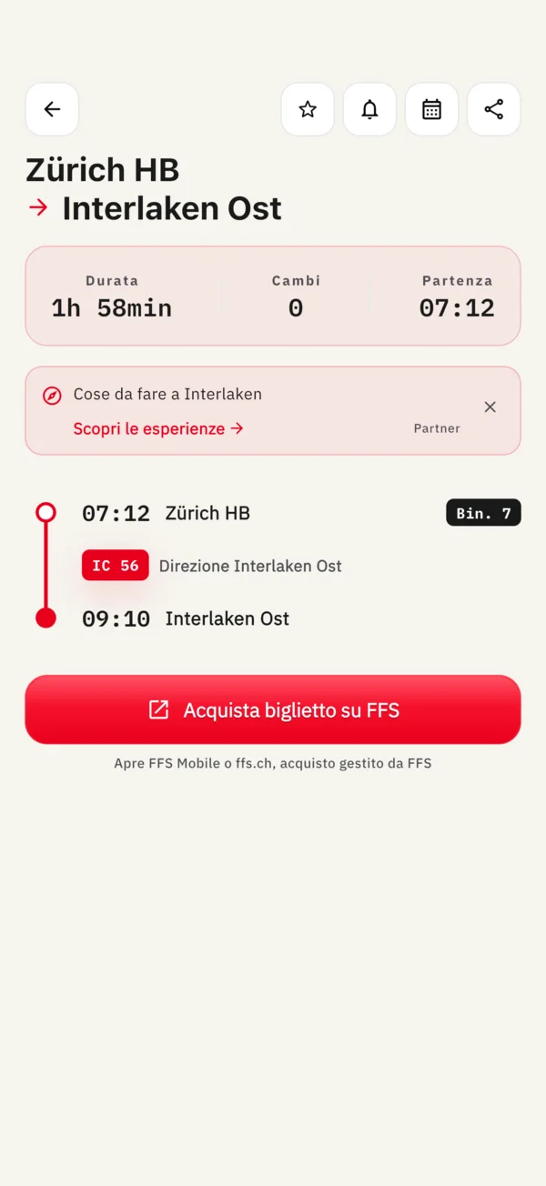Dettaglio del viaggio con ogni fermata, il binario e il numero del treno