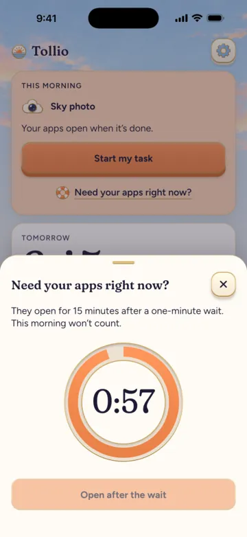 Sblocco d’emergenza: le app si sbloccano per 15 minuti dopo un minuto di attesa, con il conto alla rovescia a 0:57