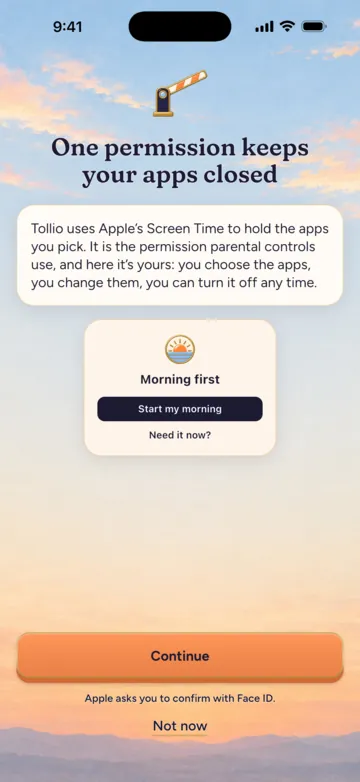 Tollio chiede l’accesso a Tempo di utilizzo e mostra come appare un’app bloccata
