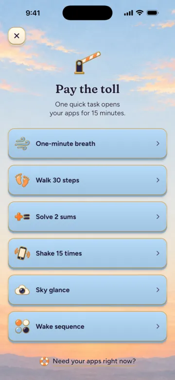 Schermata del pedaggio: un compito veloce sblocca le app per 15 minuti, con sei compiti fra cui scegliere, dal respiro di un minuto alla sequenza di luci