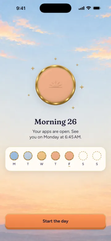 Mattina riuscita: un nuovo gettone color pesca, la mattina numero 26, le app sono aperte, e la striscia della settimana