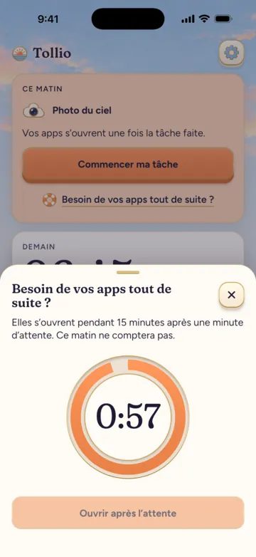Déblocage d’urgence : vos apps s’ouvrent pendant 15 minutes après une minute d’attente, avec le compte à rebours à 0:56
