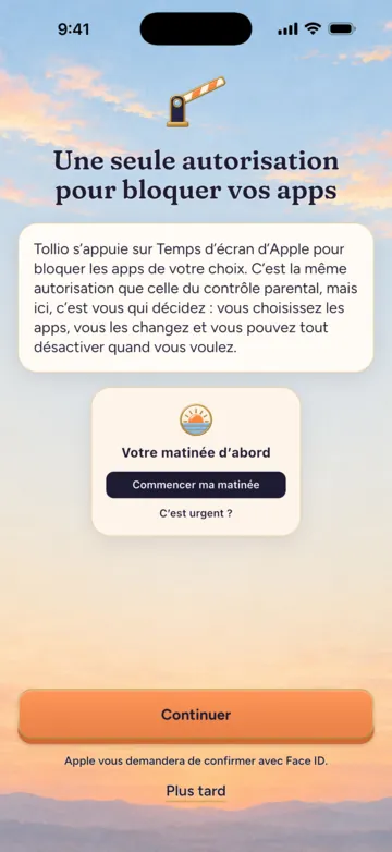 Tollio demande l’accès à Temps d’écran et montre l’écran d’une app bloquée : « Votre matinée d’abord » et « Commencer ma matinée »