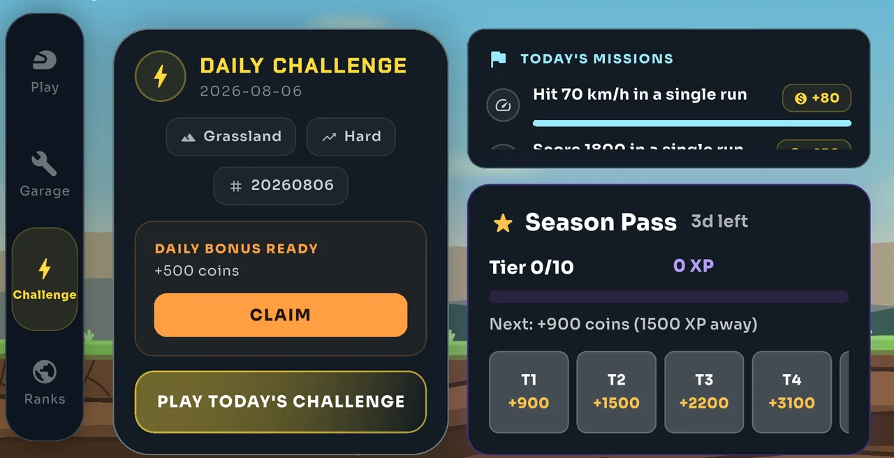 The Torqen daily challenge screen showing today's shared terrain seed and the score to beat