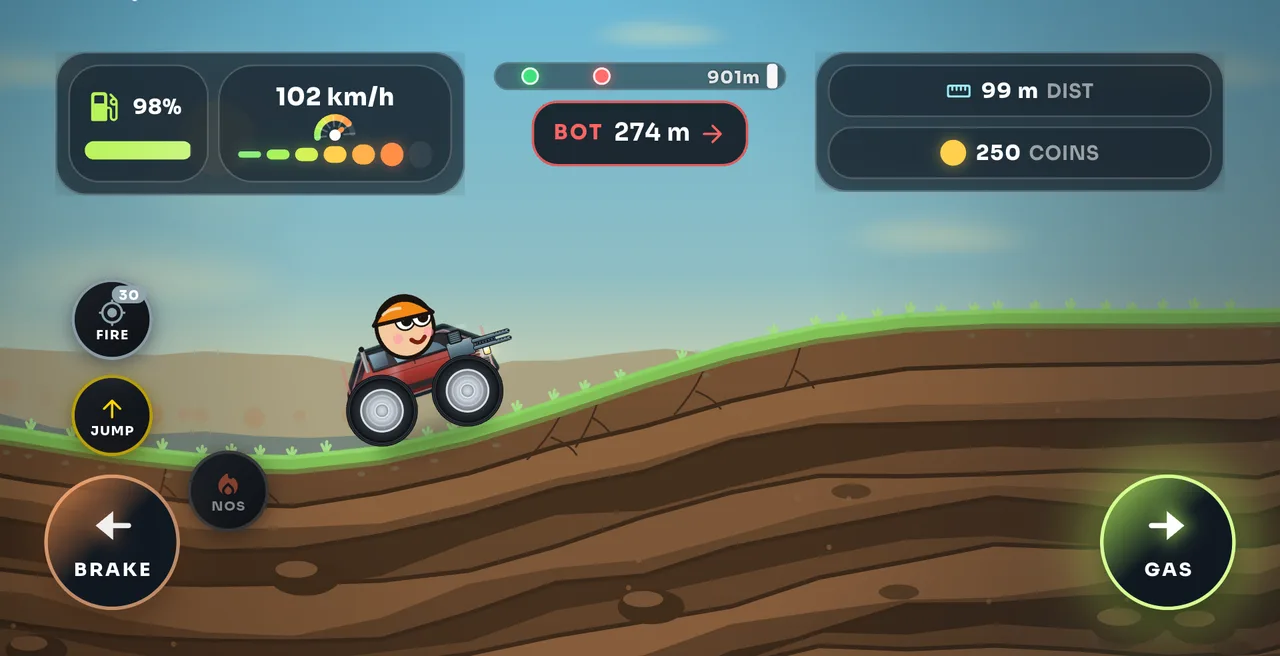 Torqen mid run: the truck climbing a layered brown hill at 102 km per hour with fuel, speed, distance and coin gauges along the top and a bot 274 metres ahead