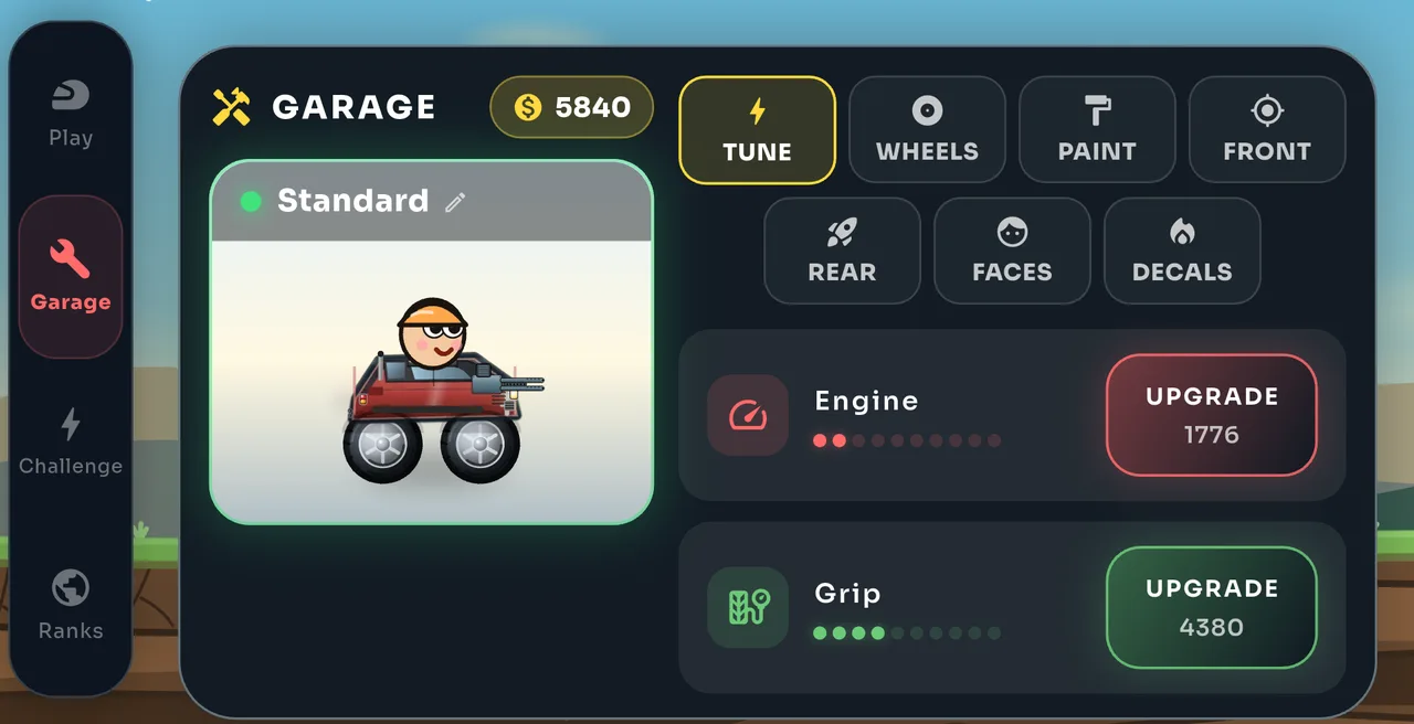 The Torqen garage screen showing upgrade tabs for tuning, wheels, paint and cosmetics with the player car previewed in the middle