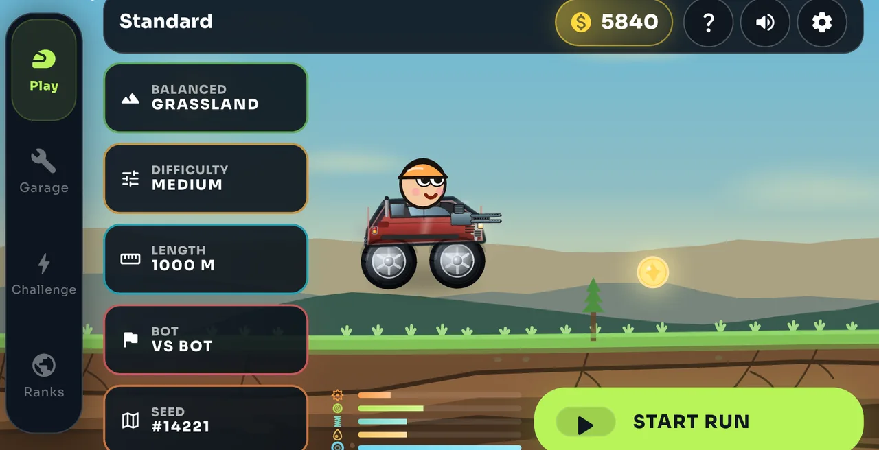 The Torqen home screen in landscape: a red monster truck on a grassy ridge, with rows for world, difficulty, race length, bot and seed on the left and a big green START RUN button