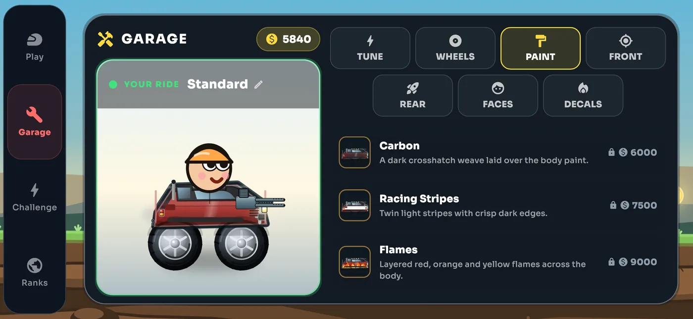 The Torqen garage on the paint tab: tabs for tune, wheels, paint, front, rear, faces and decals across the top, the player car previewed on the left, and the Carbon, Racing Stripes and Flames liveries listed with their coin prices
